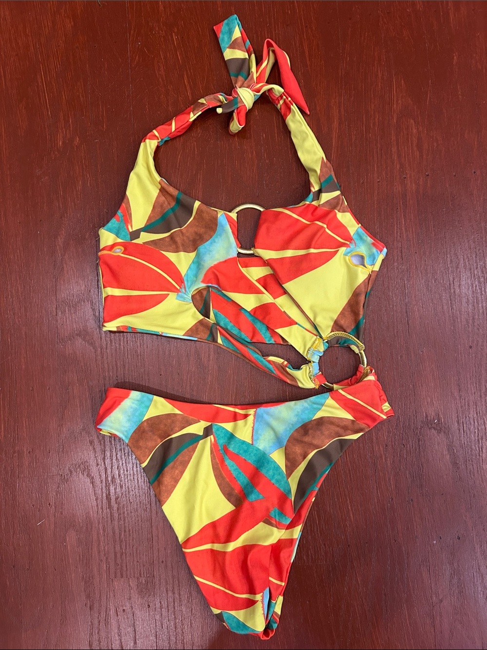 SHEIN Yellow Red Multi Ring-Cut Halter One-Piece Swimsuit
